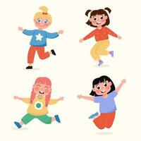 uppsättning av Lycklig barn flickor stående i annorlunda poserar, Hoppar i platt stil vektor