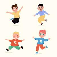 einstellen von glücklich Kinder Jungs Stehen im anders Posen, Springen im eben Stil vektor