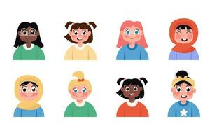 barn avatars av Lycklig internationell flickor i platt stil vektor