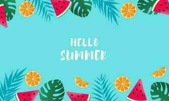 Hallo Sommer- Banner mit Wassermelone, Orangen und Palme Blätter. vektor