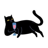 schwarz Katze mit Glas von funkelnd Wein vektor