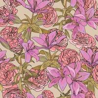 viktorianisch Stil Jahrgang Muster mit Tee Rosen und Rosa Lilien auf Beige Hintergrund vektor