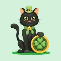 schwarz Katze mit Nelke Münze st Patrick Tag Jahreszeit Charakter Karikatur Illustration Vektor