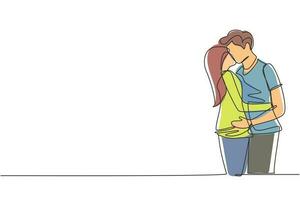 Single One Line Drawing Junge und Mädchen in Liebe und Küssen. Liebespaar küsst und umarmt sich. glücklicher mann und frau, die hochzeitstag feiern. grafische Vektorillustration des durchgehenden Liniendesigns vektor