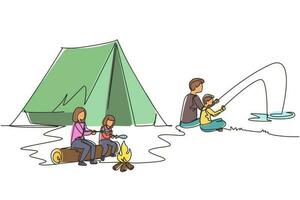 enda en rad ritning lycklig familj camping. mamma steker fisk med dotter. far fånga fisk med son. sommar husbil resor semester koncept. kontinuerlig linje rita design vektorillustration vektor