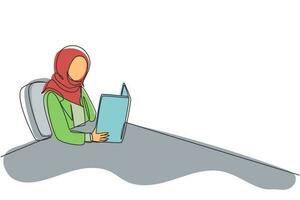 kontinuerlig en rad ritning arabisk flicka student sitter vid bordet och håller bok i händerna. kvinnlig läsbok. kvinna som läser bok och förbereder sig för examen. enkel rad rita design vektorillustration vektor