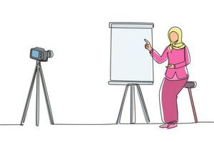 einzelne durchgehende strichzeichnung arabische frau, die der kamera eine präsentation gibt und ein webinar macht. blogging, online-training und konferenzkonzept. Kamera auf Stativ. eine Linie zeichnen Design-Vektor-Illustration vektor