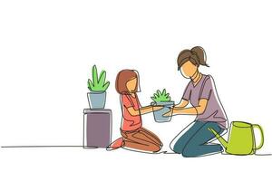 enda kontinuerlig linjeteckning glad mamma och hennes dotter trädgårdsarbete. ha en hobby med ett barn. mamma och flicka växt blommor. idén om lyckligt moderskap och barndom. en rad rita grafisk design vektor