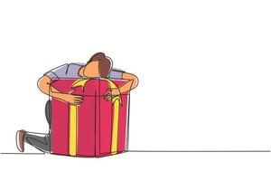 kontinuerlig en rad ritning glad man kramar nuvarande låda med kärlek. hane håller hårt i famnen söt presentförpackning med rosett. present, present, födelsedag, festkoncept. enda rad rita design vektor