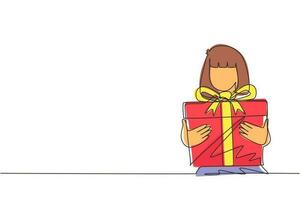 Single One Line Drawing Cute Girl Holding Big Ribbon Bow verpackte Geschenkbox vor ihr in den Armen. kleines Mädchen trägt Weihnachtsgeschenk mit großer roter Schleife in ihren Händen. Designvektor mit durchgehender Linie vektor