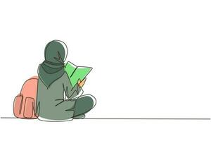 enda kontinuerlig linje ritning bakifrån ung arabisk kvinna sitter på golvet läser bok. högskolestudent förbereder sig för examen, tillbaka till skolan för att få kunskap. en rad rita design vektorillustration vektor