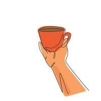 kontinuerlig en rad ritning hand hålla kopp kaffe ånga glödlampa. arbetare vill dricka kaffe innan jobbet. glad paus morgontid på kontoret. enda rad rita design vektorgrafisk illustration vektor