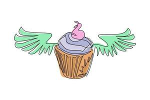 einzelne durchgehende strichzeichnung köstlicher cupcake mit flügelsymbol isoliert. geflügeltes minimales Cupcake-Logo. süßes maskottchen logo der bäckerei. dynamische einzeilige abgehobene betragsgrafikdesign-vektorillustration vektor