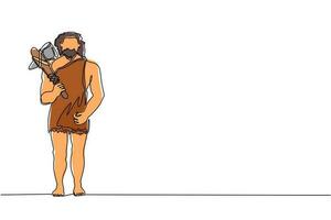 Höhlenmensch mit durchgehender Strichzeichnung steht und hält Steinaxt. prähistorischer bärtiger Mann in Tierfell gekleidet. Jäger des Neandertalers. alter Mensch. einzeilige Grafikdesign-Vektorillustration vektor