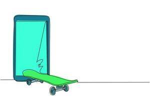 kontinuerlig en rad ritad smartphone och skateboard med hjul för aktiv livsstil, extrem sport ungdomsaktivitet, balans gata eko transport. enda rad rita design vektorgrafisk illustration vektor