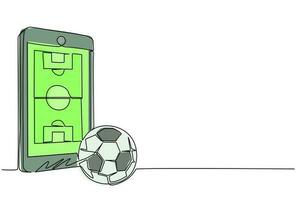 enda kontinuerlig linjeritning smartphone med app fotbollsplan och boll. mobil sport stream-mästerskap att spela. fotbollsspel online. en rad rita grafisk design vektorillustration vektor