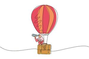 durchgehende einzeilige zeichnung arabische geschäftsfrau, die durch das teleskop in der aktentasche des heißluftballons schaut. frau im koffer ballonsuche zum erfolg. Geschäftsreise. einzeiliger Entwurfsvektor vektor