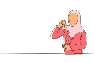 kontinuerlig en rad ritning olycklig ung arabisk kvinna visar tummen ner tecken gest. ogillar, håller inte med, besvikelse, ogillar, ingen affär. känslor, kroppsspråk. enda rad rita design vektor