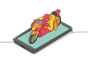 enda kontinuerlig linjeritning biker bär hjälm, rider motorcykel på smartphone skärm. man i raceroverall och hjälm sitter på sportcykel. en rad rita grafisk design vektorillustration vektor