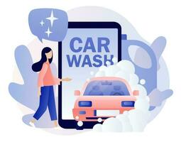 Auto waschen Bedienung Smartphone App. Transport ist sauber. winzig Menschen Waschen Automobil mit Wasser und Schaum. modern eben Karikatur Stil. Vektor Illustration auf Weiß Hintergrund
