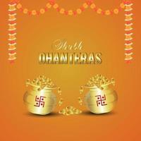 Shubh Dhanteras Einladungsfeier-Grußkarte mit goldenem Münztopf auf orangefarbenem Hintergrund vektor