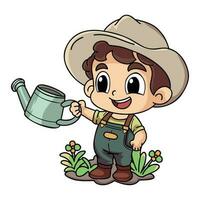 glücklich männlich Farmer mit ein Bewässerung können Charakter Illustration im Gekritzel Stil vektor