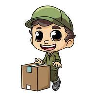 glücklich Lieferung Mann mit Paket Box Charakter Illustration im Gekritzel Stil vektor