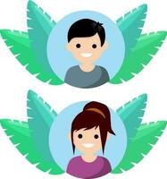 trend blå och grön tropisk löv. Lycklig karaktär. tecknad serie platt illustration. pojke och flicka. avatar i social nätverk. ung man och kvinna i cirkel. vektor