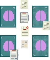Gehirn Röntgen. Tomographie von Kopf. medizinisch Pflege. einstellen von Papier Datei dokumentieren mit Analyse. Gesundheit Probleme. Karikatur eben Illustration vektor