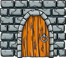 Stein Eingang mit hölzern Tür. alt mittelalterlich Tür. Element von das Gebäude und Fassade. Karikatur gezeichnet Illustration vektor