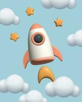 3d Rakete Sterne und Wolken Satz. süß Spielzeug Karikatur fliegend Raumschiff im das Himmel drei dimensional Kinder Vektor Illustration.