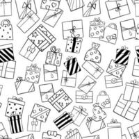 schwarze linie doodle geschenke nahtloses muster. design für papier, umschläge, karten, stoffe, hintergrund und alles andere. vektorillustration über weihnachten oder geburtstag. vektor