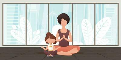 mamma och liten dotter är mediterar tillsammans i de lotus placera. design i tecknad serie stil. vektor illustration.