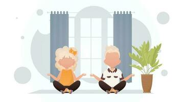 ein wenig Junge und ein süß Mädchen sind tun Meditation im das Lotus Position im das Zimmer. Yoga. Karikatur Stil. vektor