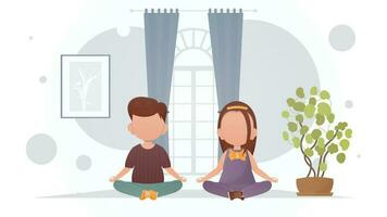 en pojke och en flicka är håller på med yoga i de lotus placera i de rum. meditation. tecknad serie stil. vektor