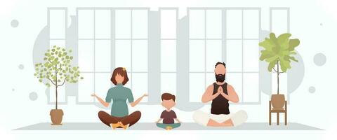 en man och en kvinna med en liten pojke är håller på med yoga i de lotus placera i de rum. meditation. tecknad serie stil. vektor