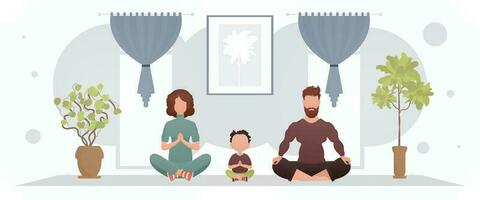 Mann und Ehefrau mit ein bezaubernd Baby sind meditieren im das Zimmer. Meditation. Karikatur Stil. vektor