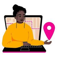 Geolokalisierung und Navigation, GPS, Orientierung im Ort. Strom Ort Konzept. online Karte auf das Laptop. Frau Afro. Vektor Illustration