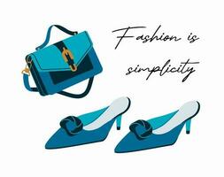 modern kvinnors läder väska och skor i modern trendig stil. eleganta inskrift på de tema av mode. vektor