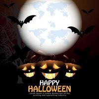 Happy Halloween Night Horror Hintergrund mit leuchtendem Kürbis, Vollmond und fliegenden Fledermäusen vektor