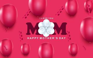 glückliche Muttertagsgrußkarte rosa Luftballons Konfetti und weiße Blume in der Mitte vektor