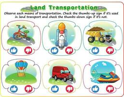 Logik Land Transport Arbeitsblatt, Kinder- lehrreich Spiel. wählen das richtig unterzeichnen. Aktivität Arbeitsblatt zum Clever Kinder. vektor