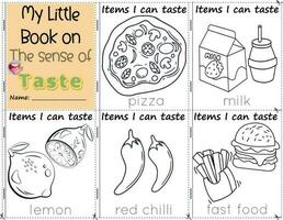 min liten bok på de känsla av smak objekt jag kan smak till Färg dem som de är i verklig liv. utbildning aktiviteter kalkylblad för barn. pizza, mjölk, citron, röd chili, snabb mat vektor