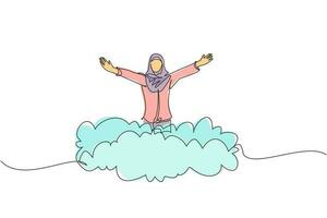 enda en rad ritning arabisk affärskvinna på toppen av molnet med upphöjda händer. framgångsrik affärsidé. ekonomisk frihet, lycka, fridfull. kontinuerlig linje design grafisk vektorillustration vektor