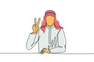 kontinuierlich eine Strichzeichnung lächelnder arabischer Mann zeigt Victory-Zeichen. Gestenerfolg des jungen Geschäftsmannes. Männchen macht Victory-Zeichen. Zeichen des Erfolgs und des Friedens. einzeiliges zeichnen design vektorgrafik vektor