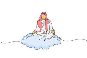 en rad ritning kontorsarbetare eller affärsman slappnar av och mediterar i lotusställning på moln. glad arabisk man avkopplande med yoga eller meditationsställning. kontinuerlig linje design grafisk vektor