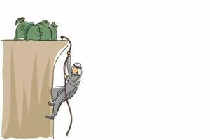 enda kontinuerlig linje ritning arabisk affärsman gör repklättring mot pengar påse. klättrare som hänger i rep och drar sig på toppen av en stenig bergsvägg. en rad rita grafisk design vektor