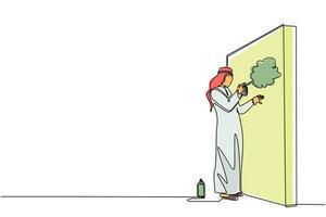Ein einzelner arabischer Geschäftsmann zeichnet eine Strichzeichnung und malt ein Gewinndiagramm an die Wand. geschäfts- und erfolgsmetapherkonzept. Allegorie des Karrierewachstums. ununterbrochene Linie zeichnen grafische Vektorillustration des Designs vektor
