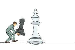 Ein Strichzeichnungsgeschäftsmann, der eine Schachfigur hält, um Königschach zu schlagen. Strategische Planung, Geschäftsentwicklungsstrategie, Taktiken im Unternehmertum. Designvektor mit durchgehender Linie vektor