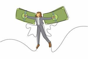 durchgehende einzeilige zeichnung geschäftsfrau, die auf geldflügeln fliegt. Konzept der finanziellen Freiheit, das eine Frau darstellt, die auf Flügeln aus Geldscheinen fliegt. einzeiliges zeichnen design vektorgrafik illustration vektor